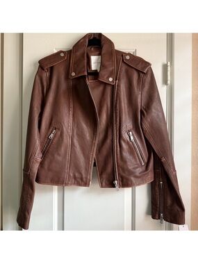 Avec Les Filles Brown Leather Moto Jacket with Silver Hardware